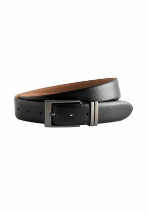 Black leather belt with a textured finish, featuring a silver metal buckle and two silver accents. Smooth inner lining, five holes for adjustment.