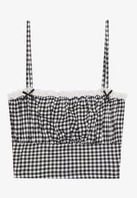 Sort og hvid ternet crop top med tynde stropper, smocket bærestykke og blondekant langs halsudskæringen. Flad, blød tekstur.