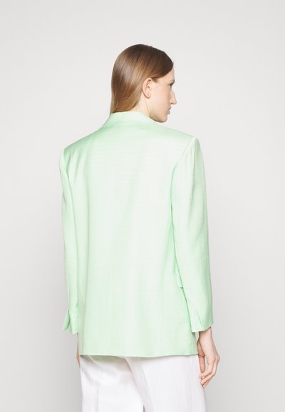 Blazer ajusté vert clair avec une texture lisse, doté de manches longues, d'un col à revers et d'une fente unique à l'arrière.