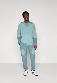 Vyras stovi vilkėdamas dviejų atspalvių mėlyną sportinį kostiumą su gobtuvu ir baltus sportinius batelius ant paprasto šviesaus fono.