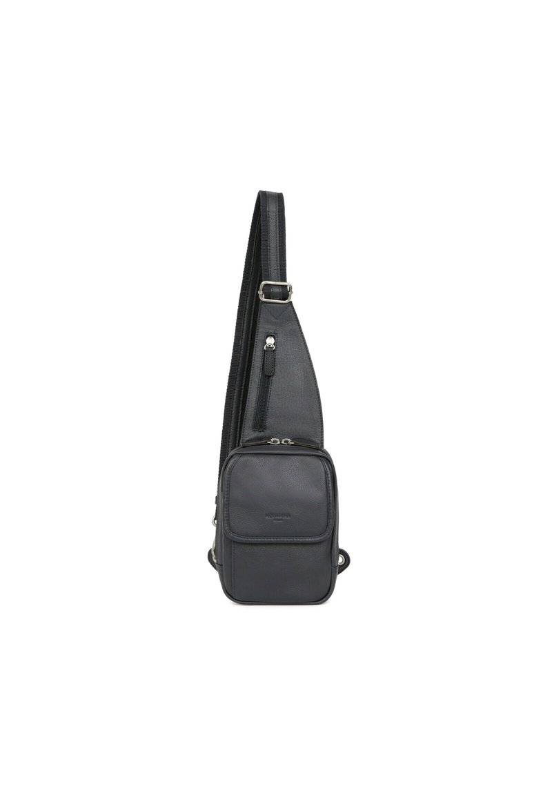 Borsa a tracolla in pelle nera con finitura texturizzata, dotata di una tasca principale con zip, una tasca frontale, una tracolla regolabile e dettagli in metallo argentato.
