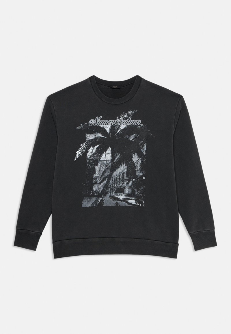 Black sweatshirt made of soft fabric, featuring a graphic print with palm trees and a city scene in gray tones, round neckline, and ribbed cuffs.