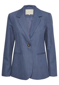 Denim blue blazer with notched lapels, single brown button, two front pockets, and a smooth inner lining. Tailored fit, structured shoulders.
