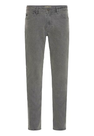 Jeans din denim gri cu un croi drept, cinci buzunare, închidere cu nasture la vârf și o textură subtilă. Pridvor plat și glezne taperate.