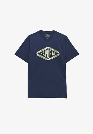 Námořnické bavlněné tričko s velkým žlutým grafickým logem ve tvaru diamantu s textem, kulatým výstřihem a krátkými rukávy.