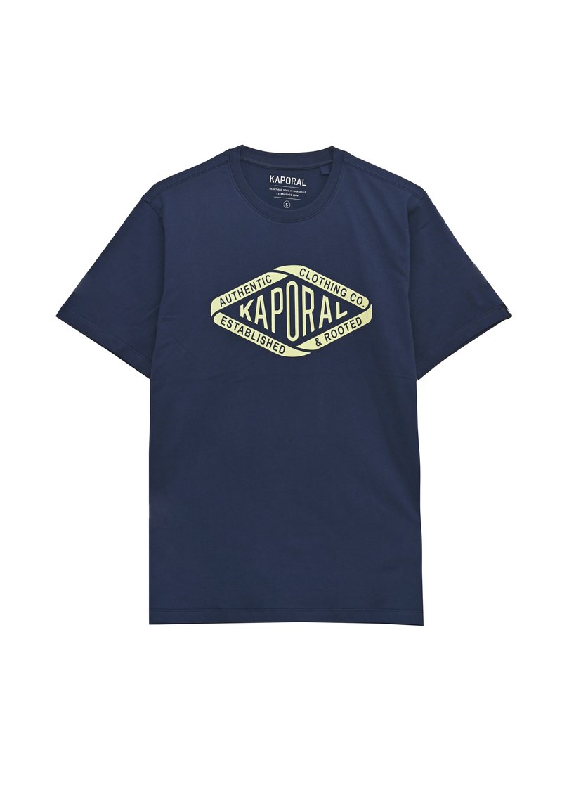 Námořnické bavlněné tričko s velkým žlutým grafickým logem ve tvaru diamantu s textem, kulatým výstřihem a krátkými rukávy.