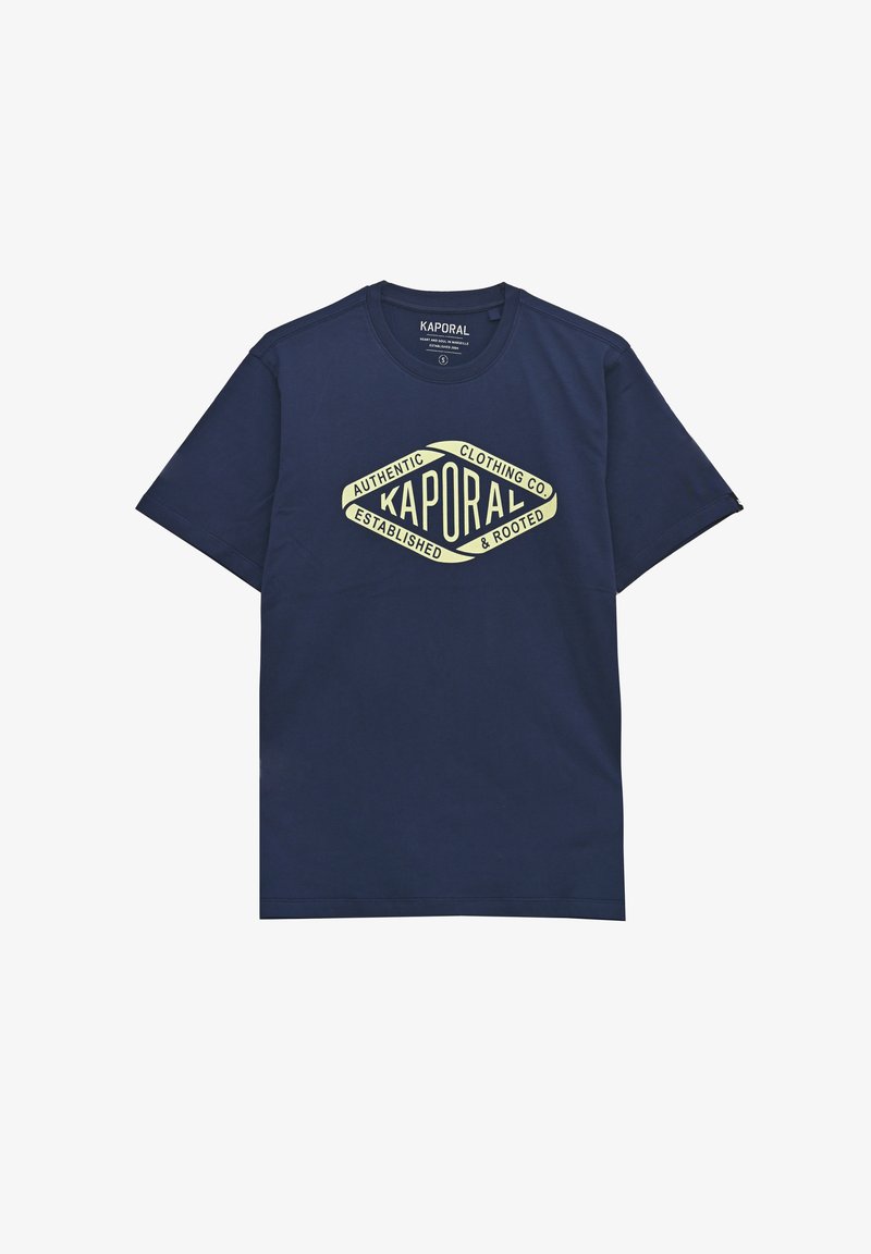 Námořnické bavlněné tričko s velkým žlutým grafickým logem ve tvaru diamantu s textem, kulatým výstřihem a krátkými rukávy.