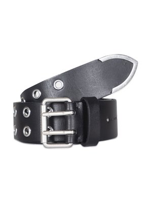Black leather belt with double prong silver buckle and multiple silver grommets along the strap, coiled against a white background.