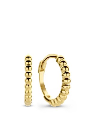 Boucles d'oreilles créoles en or avec des segments arrondis ressemblant à des perles et un fermoir à charnière, présentées vues de côté et de face.