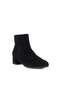 Black suede ankle boot with a low block heel, rounded toe, and smooth texture. Seamless design with a minimalist silhouette.