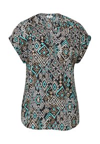Korte mouwen blouse in zwart met turquoise, beige en witte geometrische patronen. Kenmerkt zich door een v-hals en een relaxte pasvorm. Lichtgewicht stof.