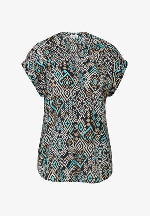 Bluzka z krótkim rękawem w kolorze czarnym z turkusowymi, beżowymi i białymi geometrycznymi wzorami. Posiada dekolt w kształcie litery V oraz luźny krój. Wykonana z lekkiego materiału.