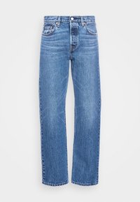 Ljusblå denimjeans med rak bendesign, fem fickor, bältesömmar och klassiska sömnadsdetaljer.