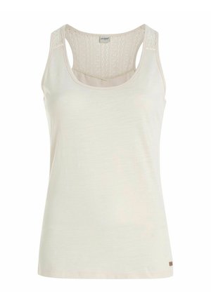 Svijetlo bež majica bez rukava s čipkastim detaljima na naramenicama. Mekana, glatka tekstura i okrugli izrez. Ima oznaku branda na rubu.