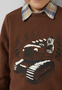 Bruine sweater met een grafische illustratie van een beer in een voertuig op een besneeuwd landschap, met een geruit kraag. Zachte textuur.