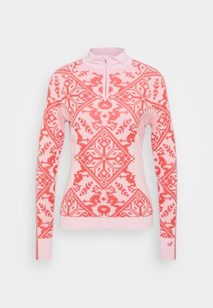 Helles rosa Langarm-Zipper-Sweatshirt mit roten geometrischen und floralen Mustern. Verfügt über einen hohen Kragen und gerippte Bündchen. Stricktextur.