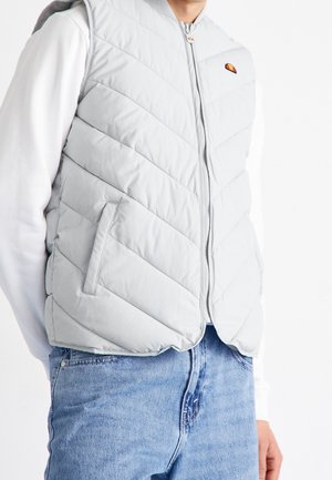 Person iført en lysegrå quiltet vest med diagonale syninger over en hvid langærmet skjorte og blå jeans, hænderne i lommerne.