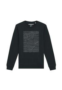 Zwarte sweatshirt van zachte stof, met een textuur handgrafiek in het wit tegen horizontale lijnen op de voorkant. Ronde hals en lange mouwen.