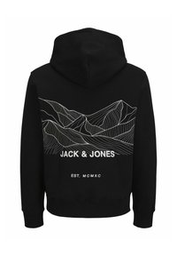 Czarna bluza z kapturem z białym wzorem gór w stylu linii na plecach, z napisem "JACK & JONES" i datą "EST. MCMXC" poniżej. Miękka tkanina o przyjemnej teksturze.