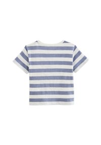 T-shirt à manches courtes rayé présentant des bandes horizontales alternées bleu et blanc, col rond et tissu en coton doux.