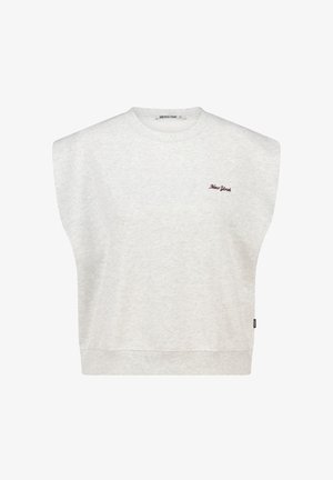 Light gray sleeveless sweatshirt with padded shoulders and small "New York" text embroidered on upper left chest.
