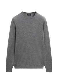 Maglione grigio a maniche lunghe realizzato in tessuto morbido, con scollatura a girocollo e polsini a costine, orlo dritto e design minimalista.