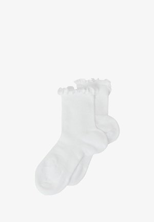 White cotton socks with a ruffled top edge, soft texture, mid-calf length, and seamless design, suitable for casual wear.