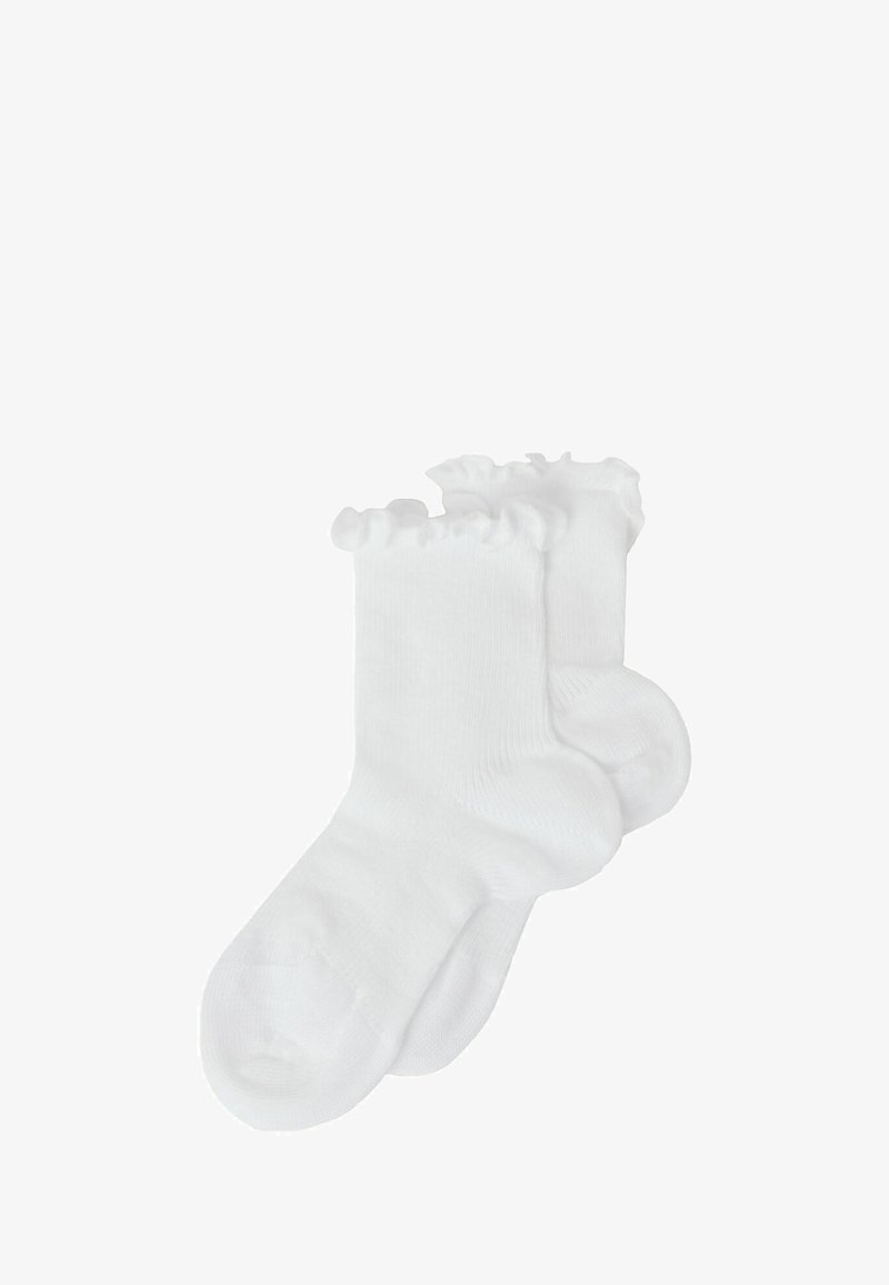 Bílé bavlněné ponožky s volánkovým okrajem, měkká textura, délka do půli lýtek a bezšvový design, vhodné pro běžné nošení.