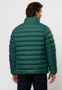 Groene pufferjack met een gestikt patroon, hoge kraag en elastische manchetten, ontworpen met een gladde, glanzende afwerking.
