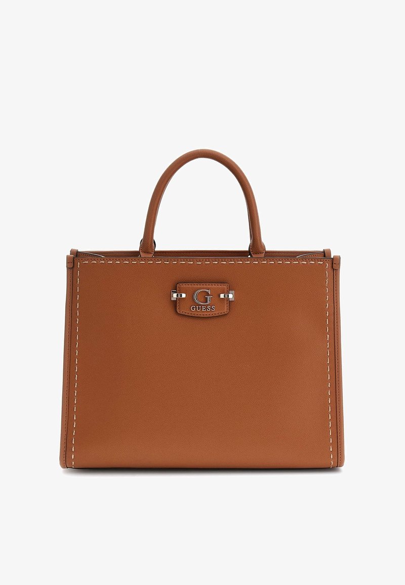Borsa in ecopelle marrone con dettaglio cucito, hardware argentato e una placca centrale con logo. Presenta manici corti e un design strutturato.