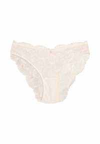 Lace hipster panties in light beige, featuring floral patterns, scalloped edges, and a small decorative accent at the front center.