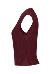 Burgundy ilmanhihaisesta neuleesta, jossa on syvä V-kaula-aukko, kurttupinta ja istuva siluetti. Mukana leveä ribbireunus.