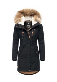 Jachetă parka neagră cu glugă din blană artificială, șnur de ajustare și nasturi de lemn. Are două buzunare frontale și un căptușeală moale, de culoare bej.