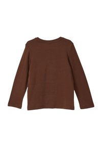 Langärmeliges braunes Baumwollhemd mit rundem Ausschnitt, weicher Textur und ohne sichtbare Verzierungen oder Muster auf der Rückseite.