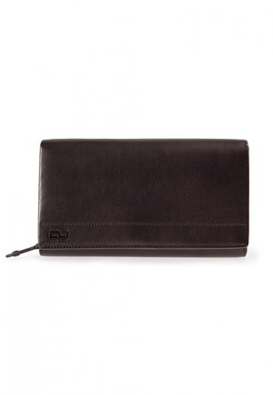 Black leather wallet with a smooth texture, rectangular shape, and subtle stitching. Features a logo in the lower corner and zip closure on the side.
