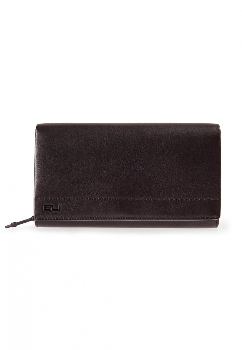 Black leather wallet with a smooth texture, rectangular shape, and subtle stitching. Features a logo in the lower corner and zip closure on the side.