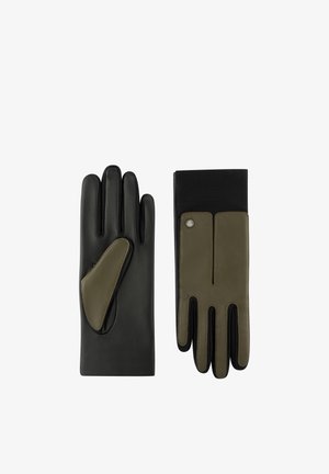 Leather gloves featuring a black exterior and an olive accent on one glove. Smooth texture, fitted design, and marked with a metallic detail.