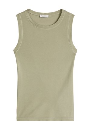 Sleeveless ribbed knit tank top in light olive green with a round neckline and a Marc O'Polo label at the back collar.