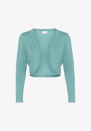 Crochet cardigan in light teal. Open front, long sleeves, lightweight knit fabric. Features a soft texture and relaxed fit.