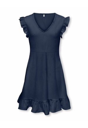 Rochie scurtă bleumarin cu decolteu în V, mâneci scurte cu volănașe, talie ajustată și tiv cu volănașe pe un fundal alb simplu.