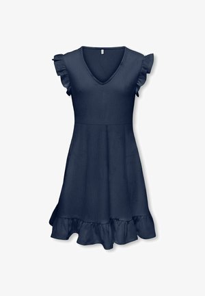 Navyblauwe korte jurk met V-hals, geplooide korte mouwen, nauwsluitende taille en geplooide zoom op een effen witte achtergrond.