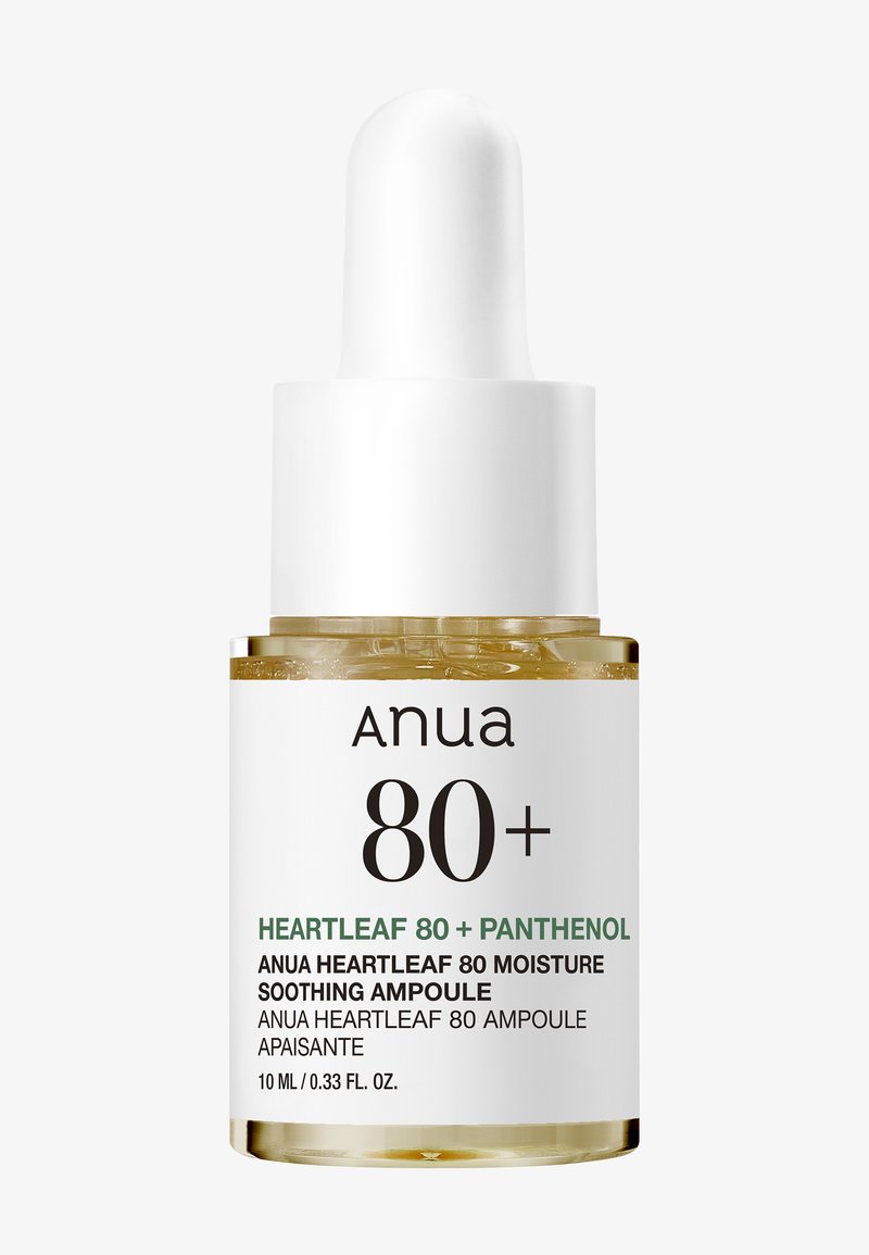 Anua Heartleaf 80+ Panthenol feuchtigkeitsspendende und beruhigende Ampulle mit Tropfer, 10ml klare Flasche, weißes Etikett mit schwarzem und grünem Text.