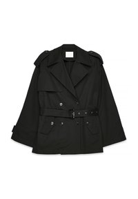 Black double-breasted belted trench coat with wide lapels, buttoned epaulets, and flap pockets on a white background.
