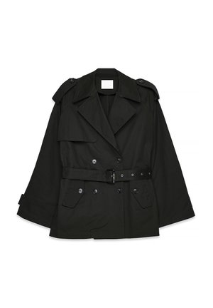 Black double-breasted belted trench coat with wide lapels, buttoned epaulets, and flap pockets on a white background.