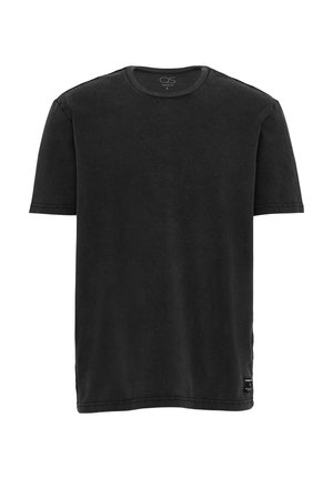 Black cotton t-shirt with short sleeves, round neckline, and a slightly textured finish. Features a small label at the hem.