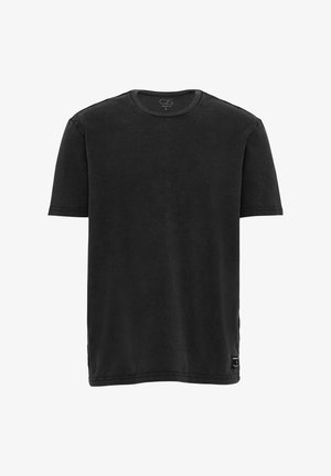 Black cotton t-shirt with short sleeves, round neckline, and a slightly textured finish. Features a small label at the hem.
