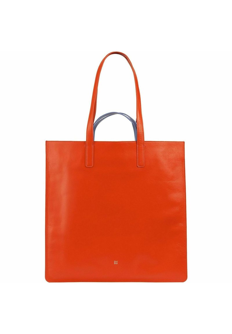 Orange leather tote bag with two long handles. Smooth texture, minimal design, and a small branding detail at the bottom.
