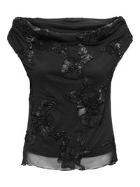 Schwarzes, schulterfreies Oberteil aus weichem Stoff mit filigraner schwarzer Blumenstickerei und einem drapierten Ausschnitt. Elegantes und strukturiertes Design.