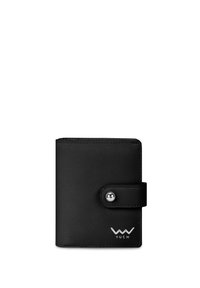 Black leather wallet with a snap button closure, rectangular shape, stitched edges, and a silver logo at the bottom. Smooth texture.