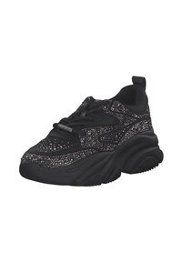 Sneakers neri con una tomaia glitterata decorata con strass, suola chunky e suola in gomma testurizzata.